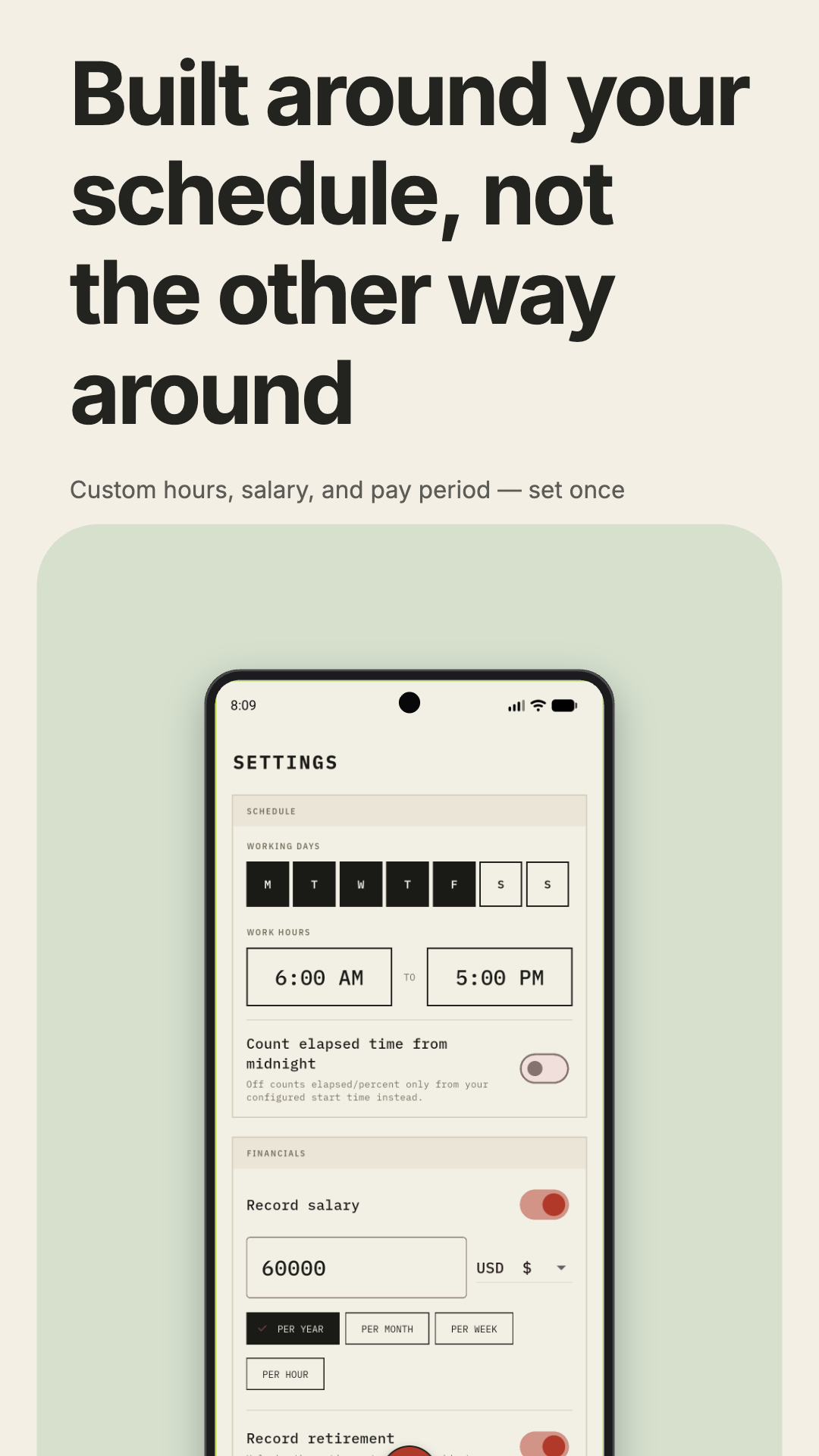 Settings screen for working days, work hours, salary and retirement configuration.